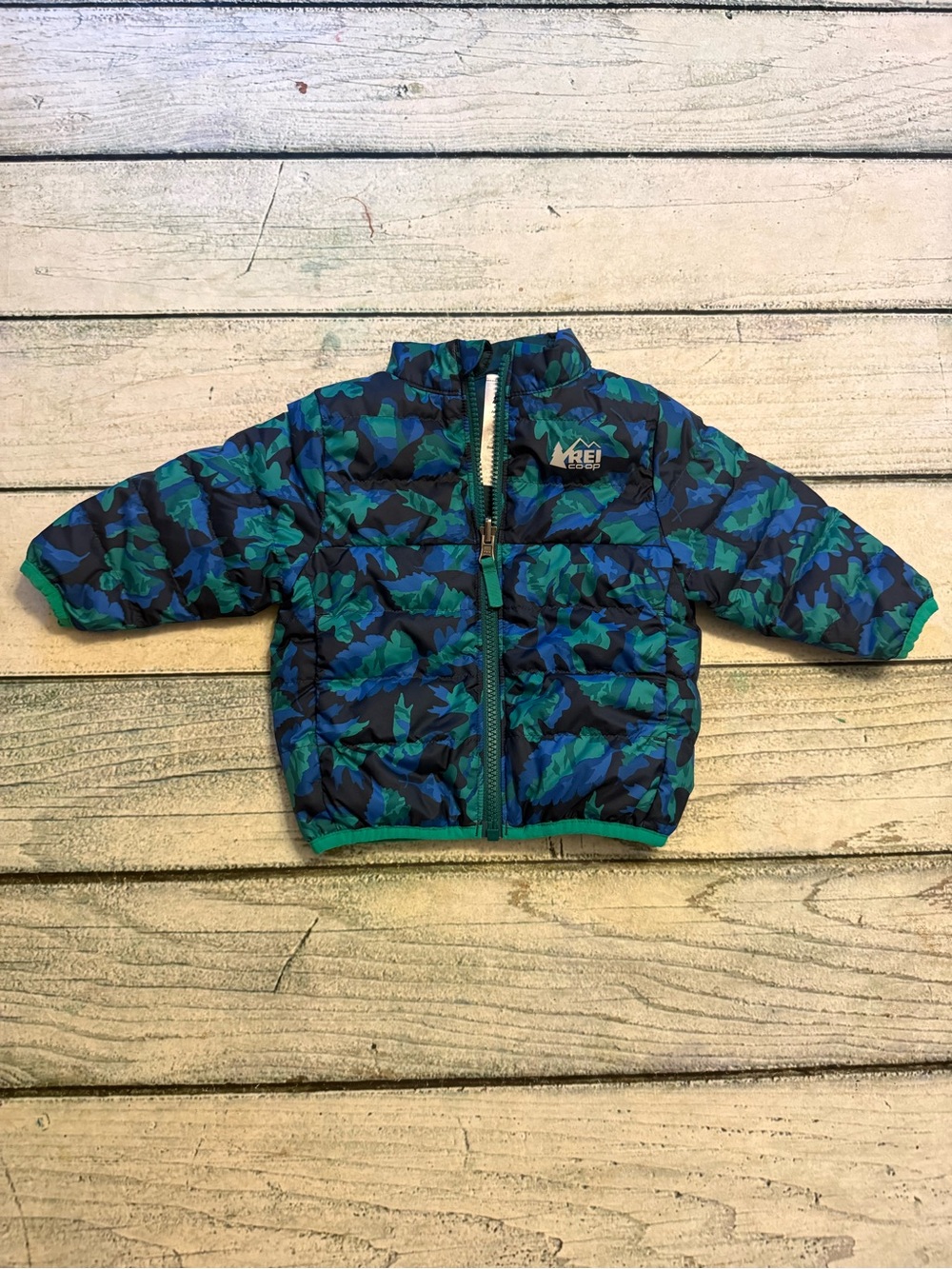 REI baby blue reversible puffer down  zip up jacket. 12 months